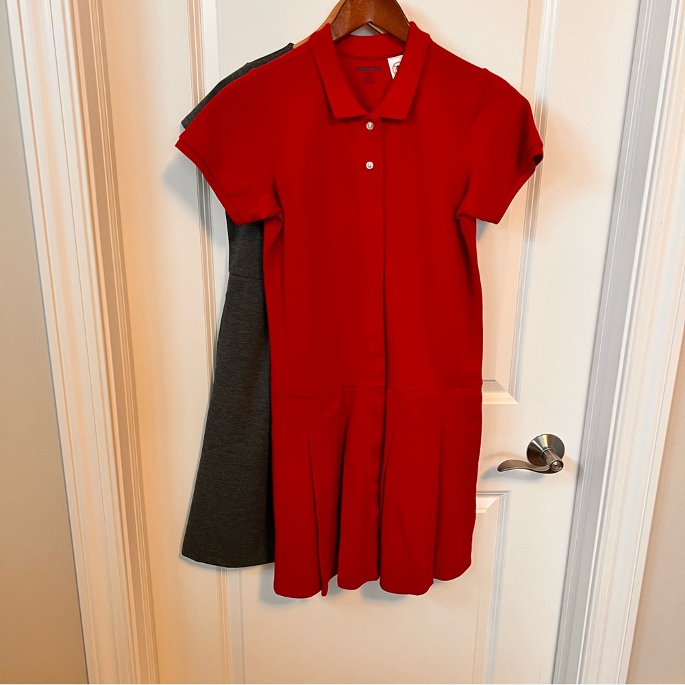 2 Lands End girls dresses red NWT & grey gently used size big girls 14